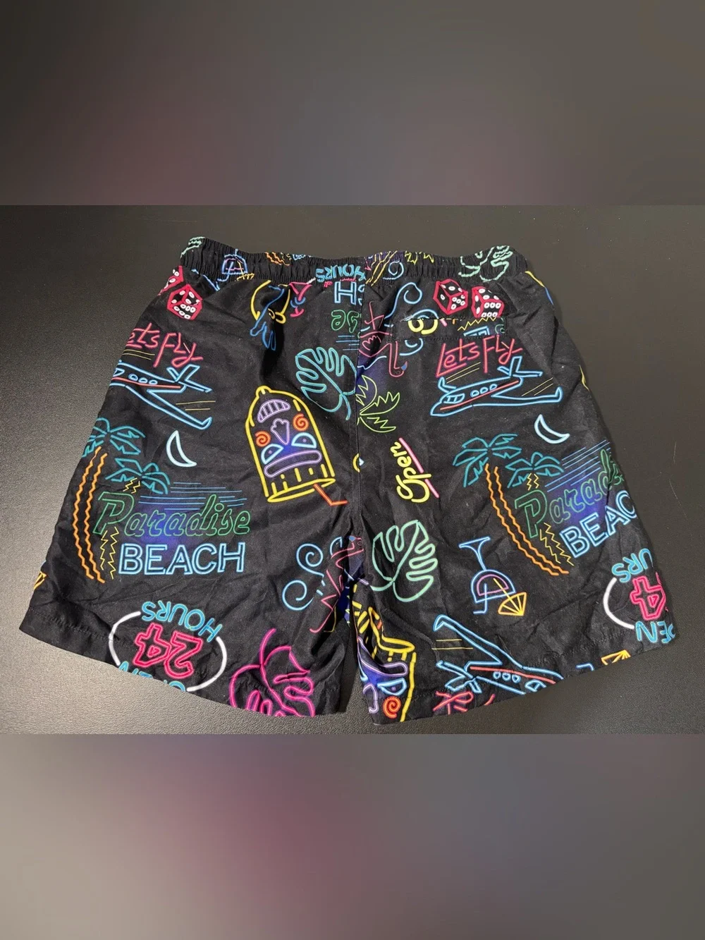 Fashion Nova Black Neon Graphic Swim Trunks
